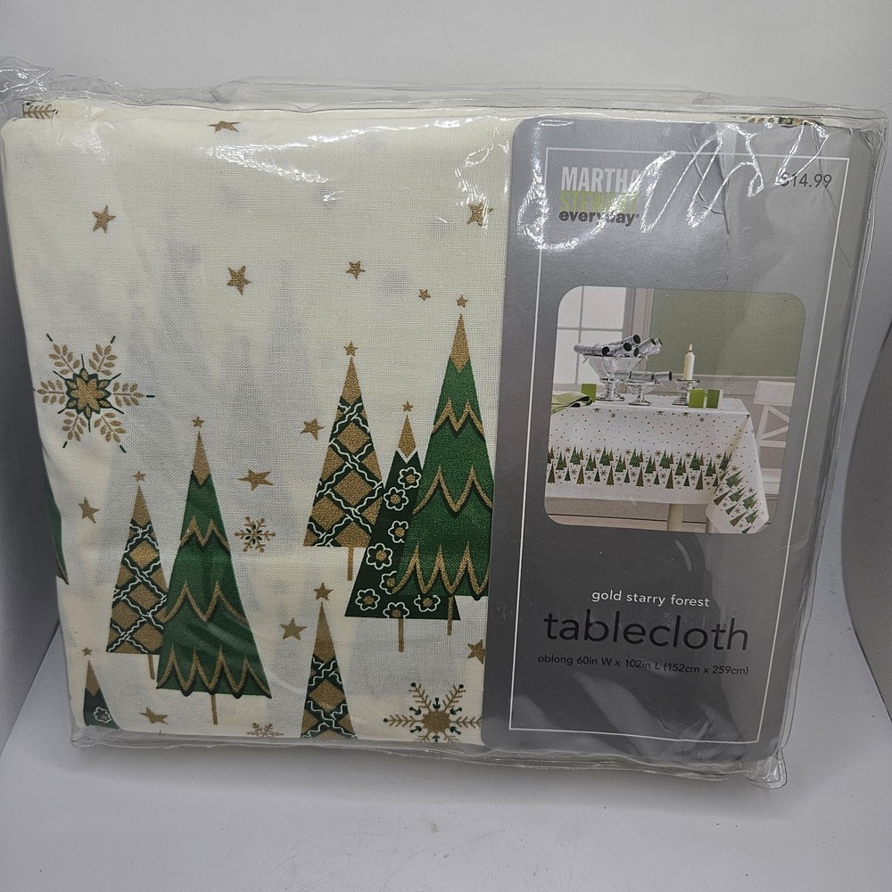 Martha Stewart Gold Starry Forest Christmas Tablecloth 60x102 Oblong Holiday NOS